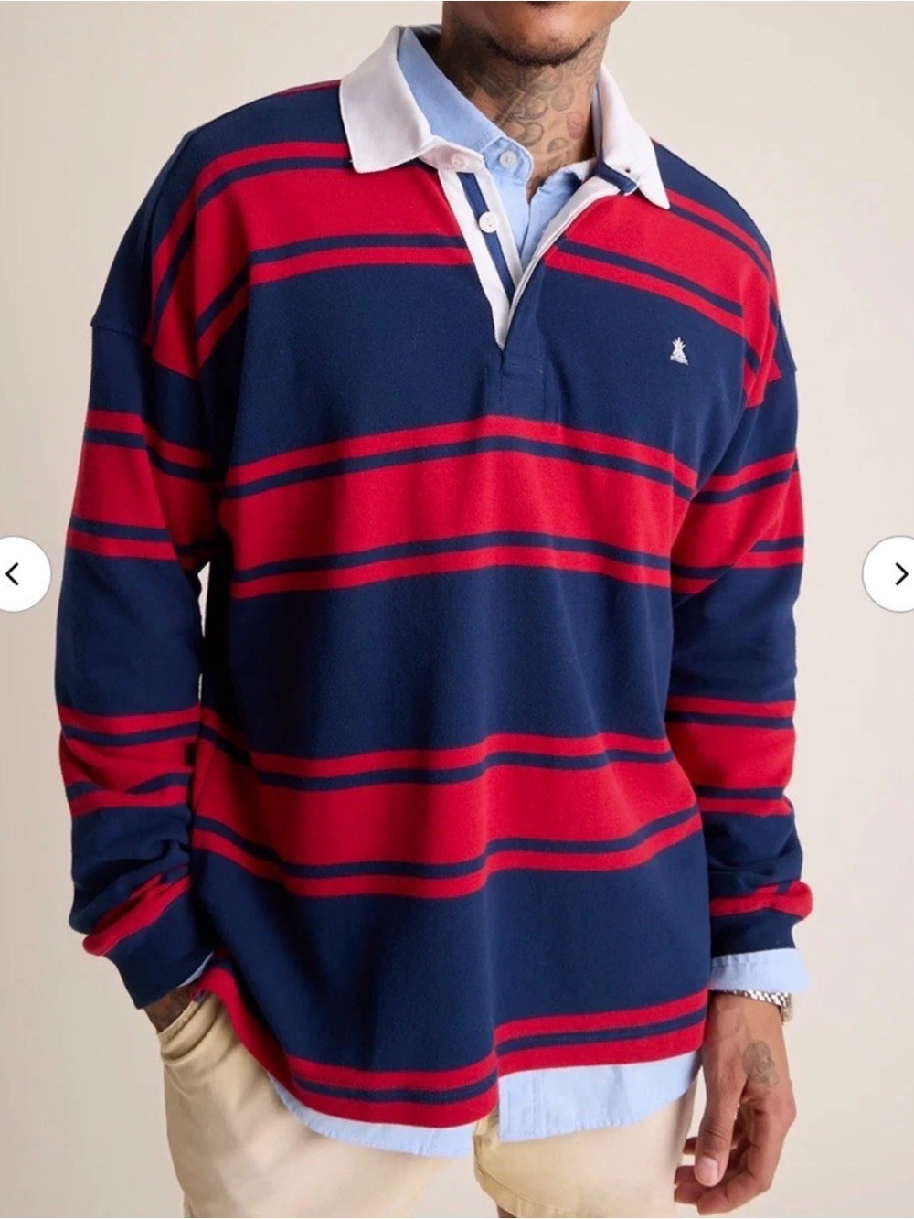 CHUBBIES Men's Navy Red Striped The Scrum Legacy Rugby Preppy Polo Shirt Large